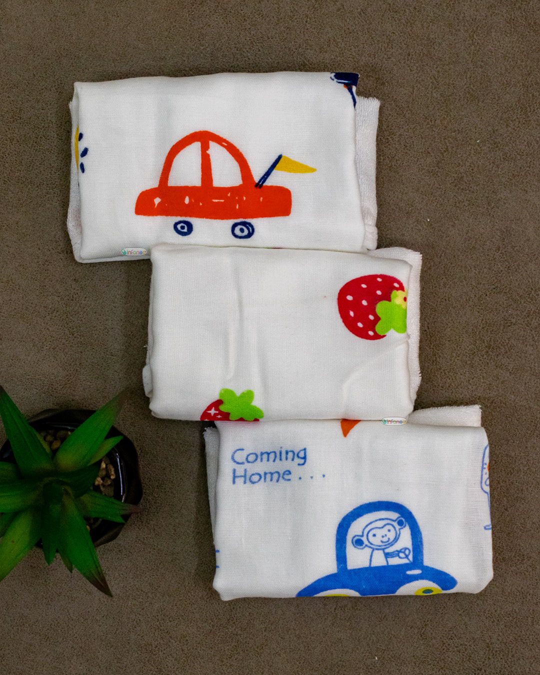 Infaneo Muslin Cotton and Combed Terry Fast Drying Face Towels set of 3 - 167A - 30 x 30 cm