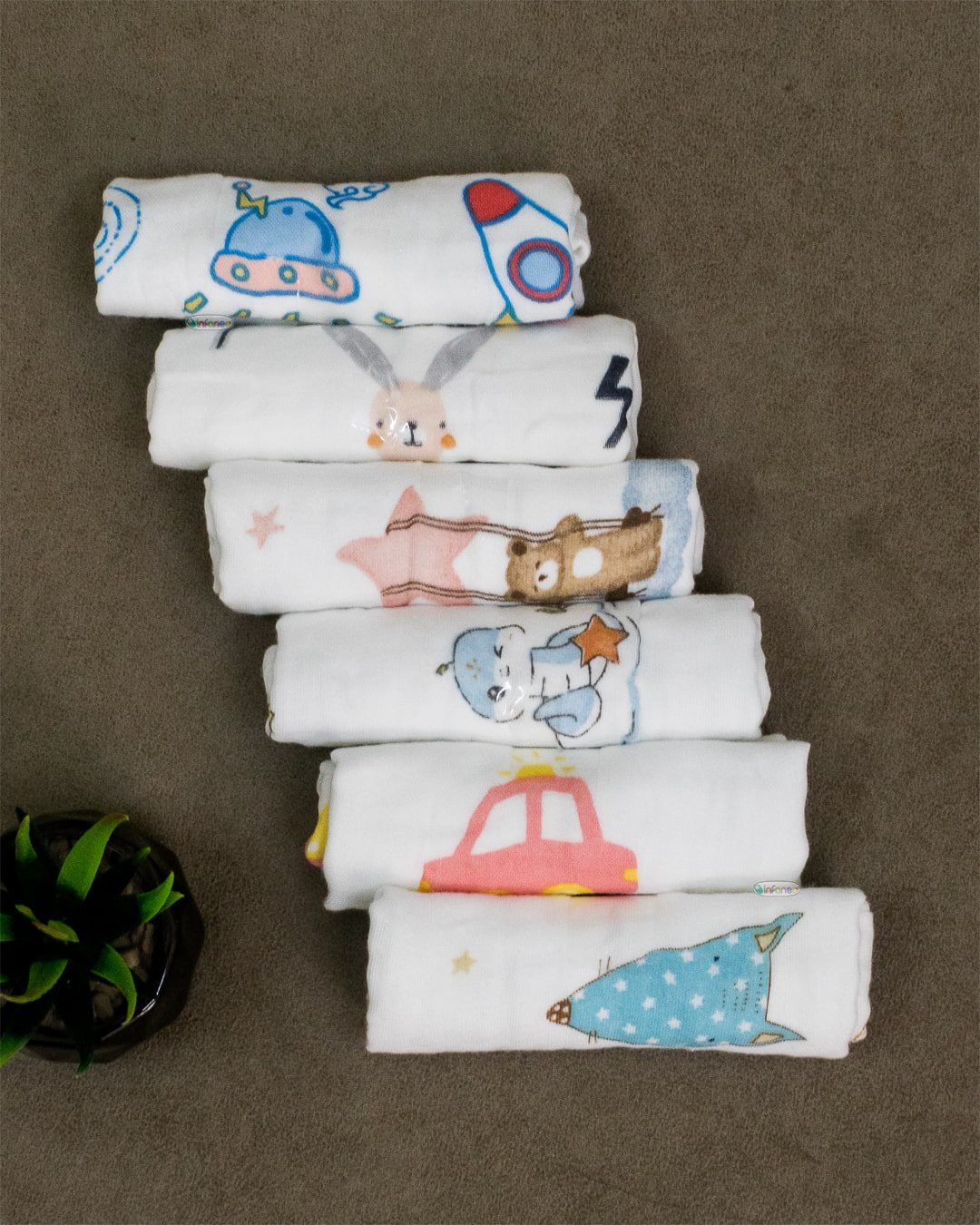 Infaneo 6 Layer Super Soft Muslin Cotton Baby Washcloths / Napkin Set of 6 - 169B - 25 x 25 cm