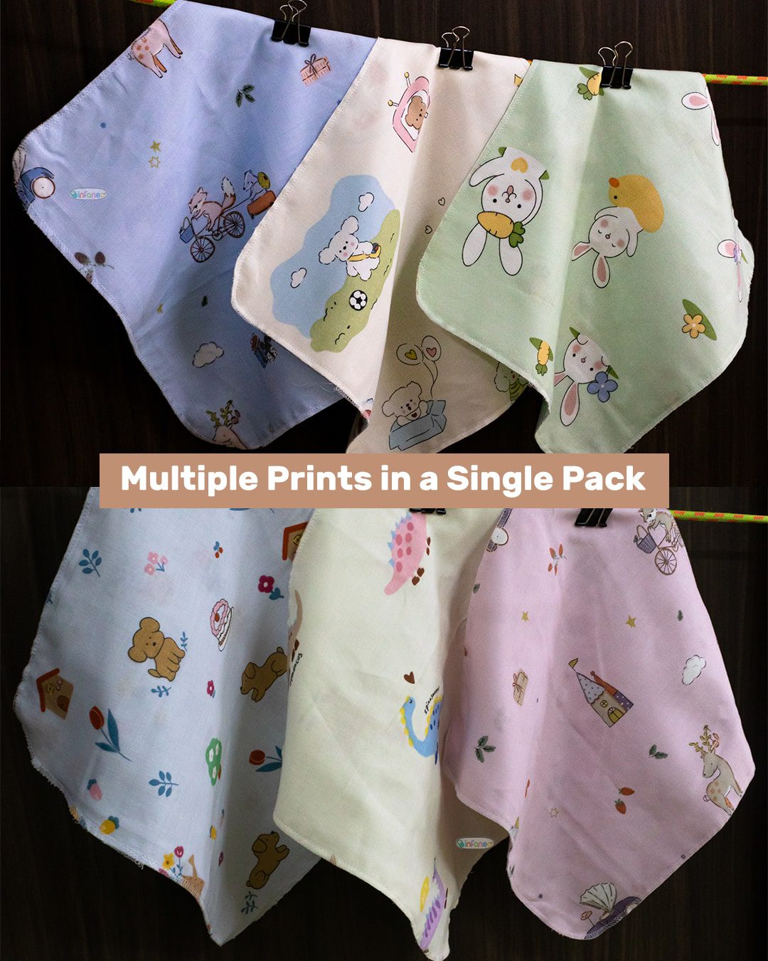 BABYNAPKIN-176A-MUTLI-PACK6_6 Infaneo multicolour organic muslin cotton washcloths set of 6 - 176A - 30 x 30 cm