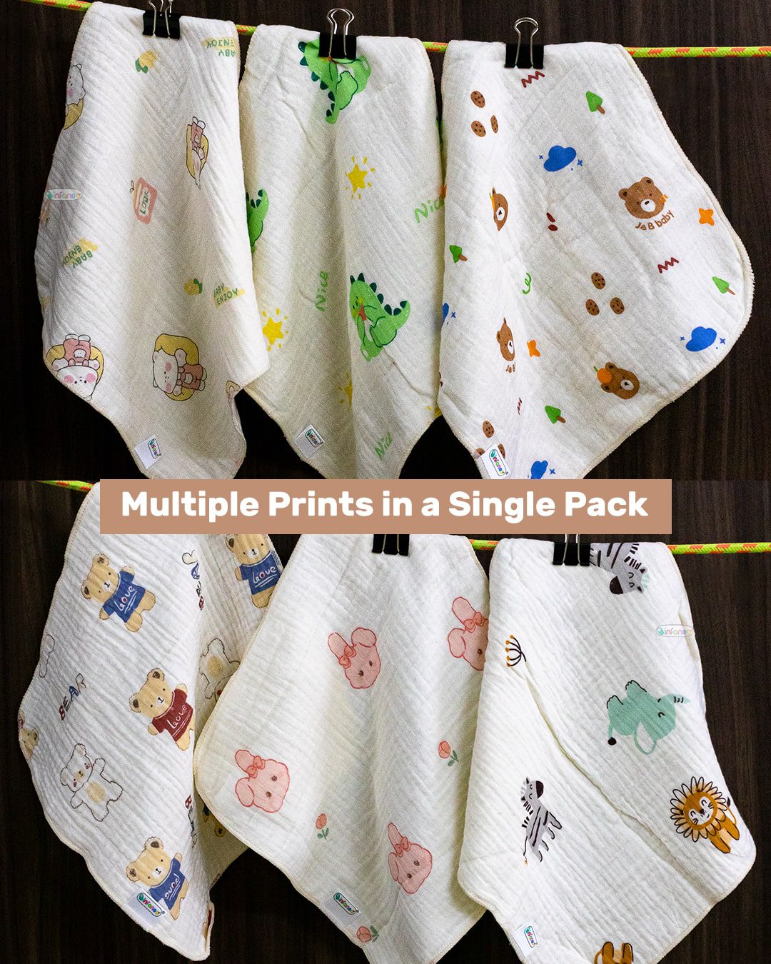 Infaneo Cream Muslin Cotton Baby Washcloths / Napkin Set of 6 - 185A - 30 x 30 cm