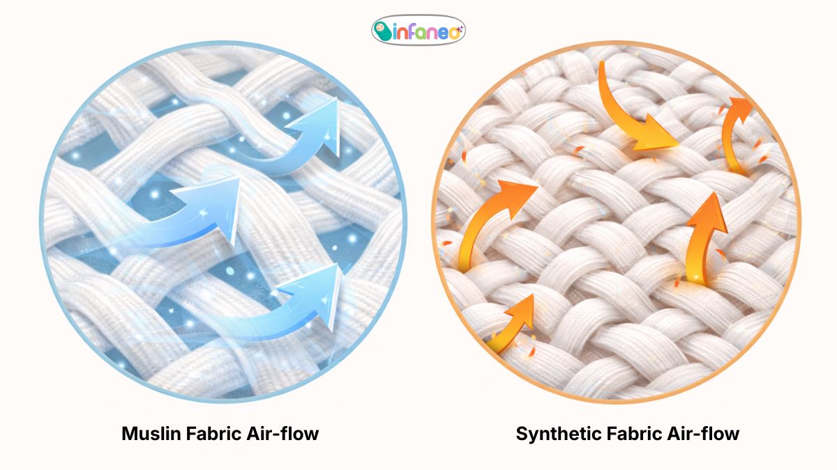 5 Signs Your Baby is Overheating at Night (And How Muslin Helps) 7 Muslin vs. Synthetic Fabric Airflow - Illustration