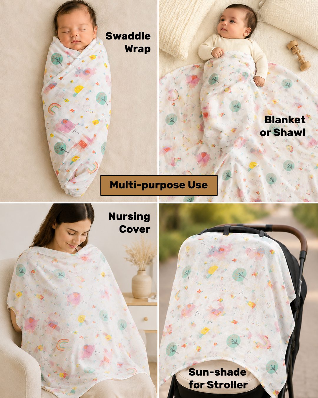 Infaneo Super-soft Bamboo Cotton Swaddle Wrap - 18405 - White - Multi-purpose Use Image