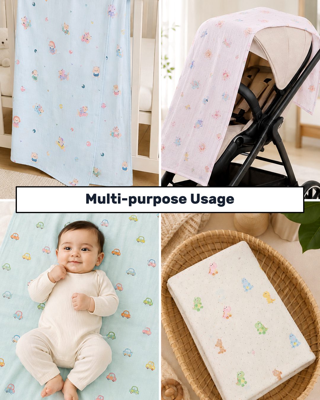 INFANEO® Printed Muslin Cotton Swaddle Wrap for Babies - 18402 - Multicolour - Multi-purpose Usage Image