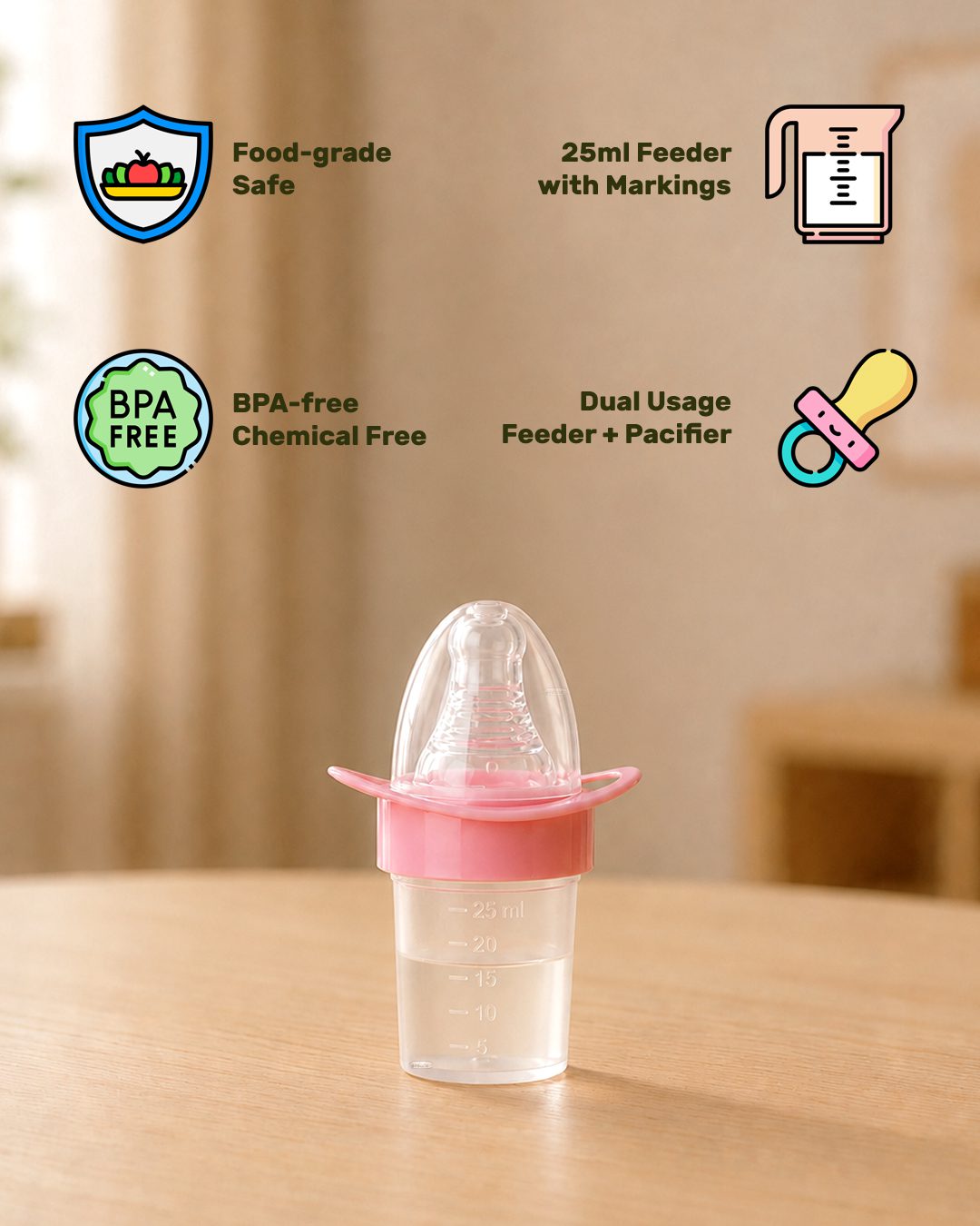 INFANEO® Baby Medicine Feeder with Pacifier Soother - 6038 - Pink - 25ml - Product Features Image