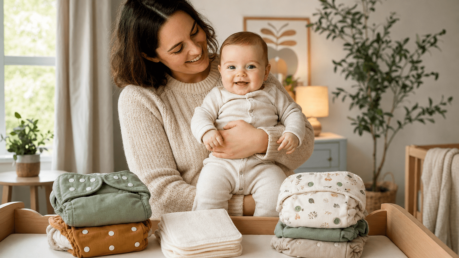 5 Common Myths About Cloth Diapers (Debunked!) 1 Myths about Cloth Diapers Debunked - Parent holding a fully clothed baby beside neatly arranged modern cloth diapers in a nursery.