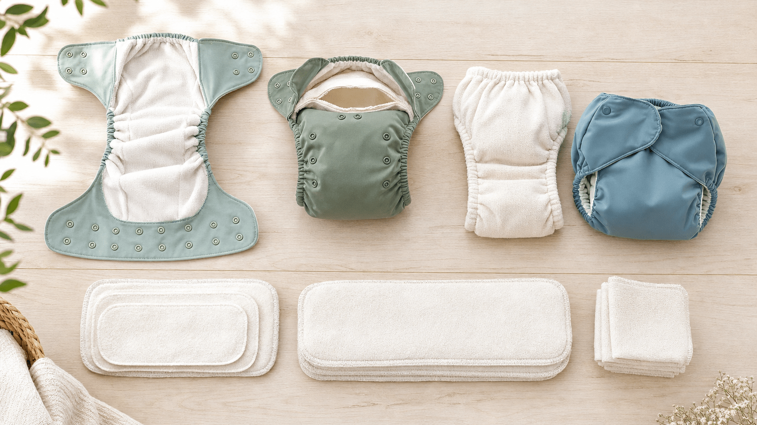 5 Common Myths About Cloth Diapers (Debunked!) 2 Modern cloth diaper styles with inserts, a fitted diaper and a waterproof cover arranged on a table.