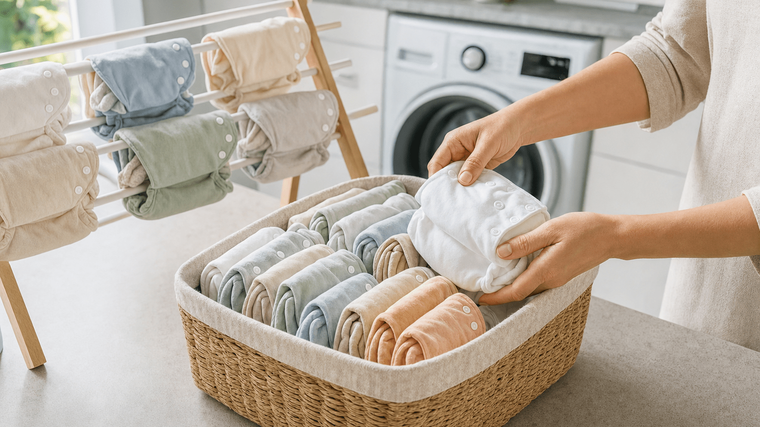 5 Common Myths About Cloth Diapers (Debunked!) 3 Adult hands storing clean, dry reusable cloth diapers in a woven basket beside a washing machine and drying rack.